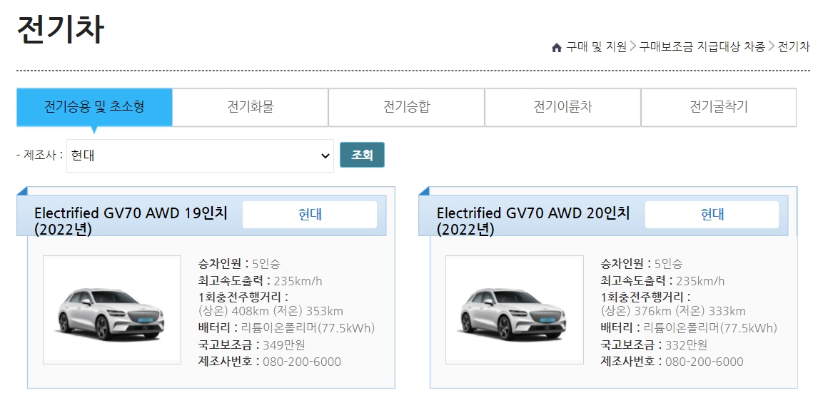 2022 일렉트리파이드 GV70 전기차 보조금