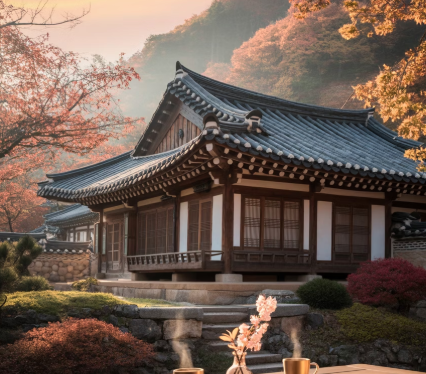 Traditional Korean hanok building exterior featuring modern coffee experience space with warm lighting and architectural details