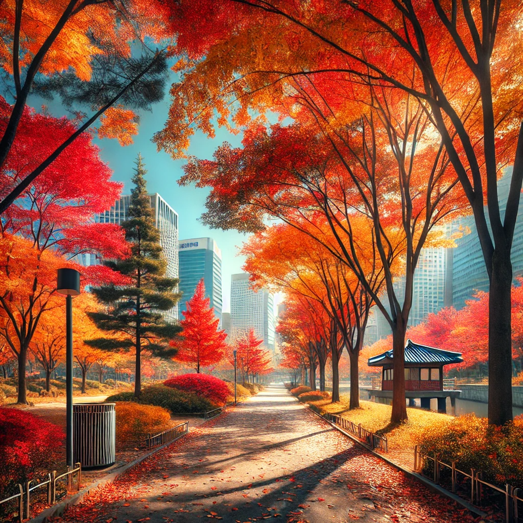 서울의 가을 공원 풍경, 울긋불긋한 단풍과 함께 도심 건물들이 어우러진 장면