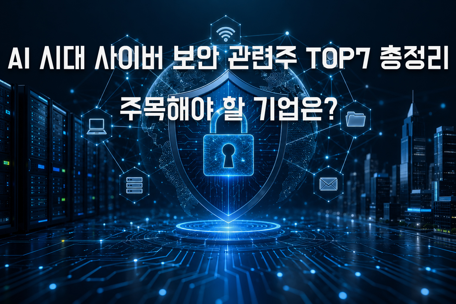AI 데이터센터와 글로벌 네트워크 환경에서 사이버 보안 인프라를 상징하는 디지털 방패와 보안 시스템 이미지로 AI 시대 사이버 보안 관련주 TOP7 총정리에 대한 대표 썸네일이미지입니다.