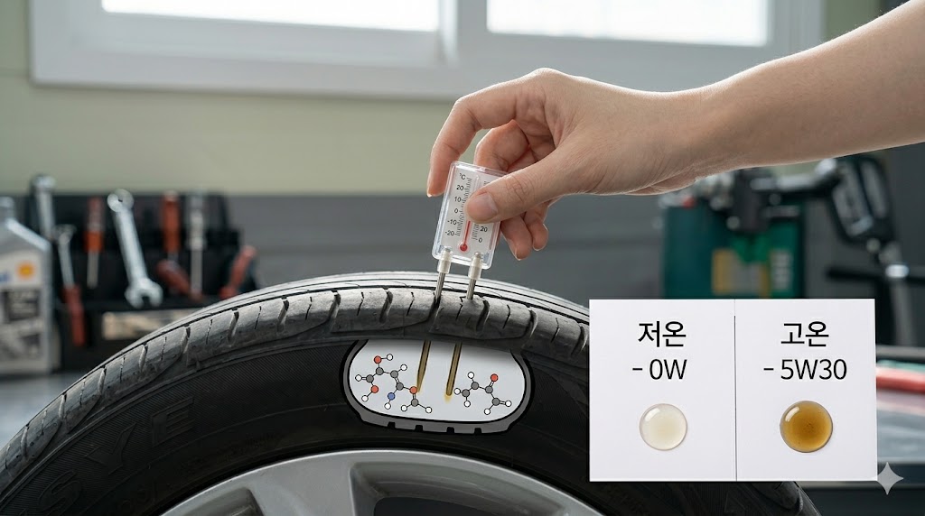 겨울철 저온 점도(5W)와 고온 점도(30)의 차이를 시각적으로 보여주는 그래픽 이미지