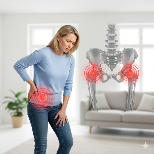 한 여성이 한쪽 골반과 사타구니 부위를 손으로 짚으며 통증을 느끼는 표정으로 서 있는 모습. 배경에는 고관절의 위치와 통증이 발생하는 지점을 붉은색 그래픽으로 강조하여 고관절 질환의 증상을 시각화한 이미지.