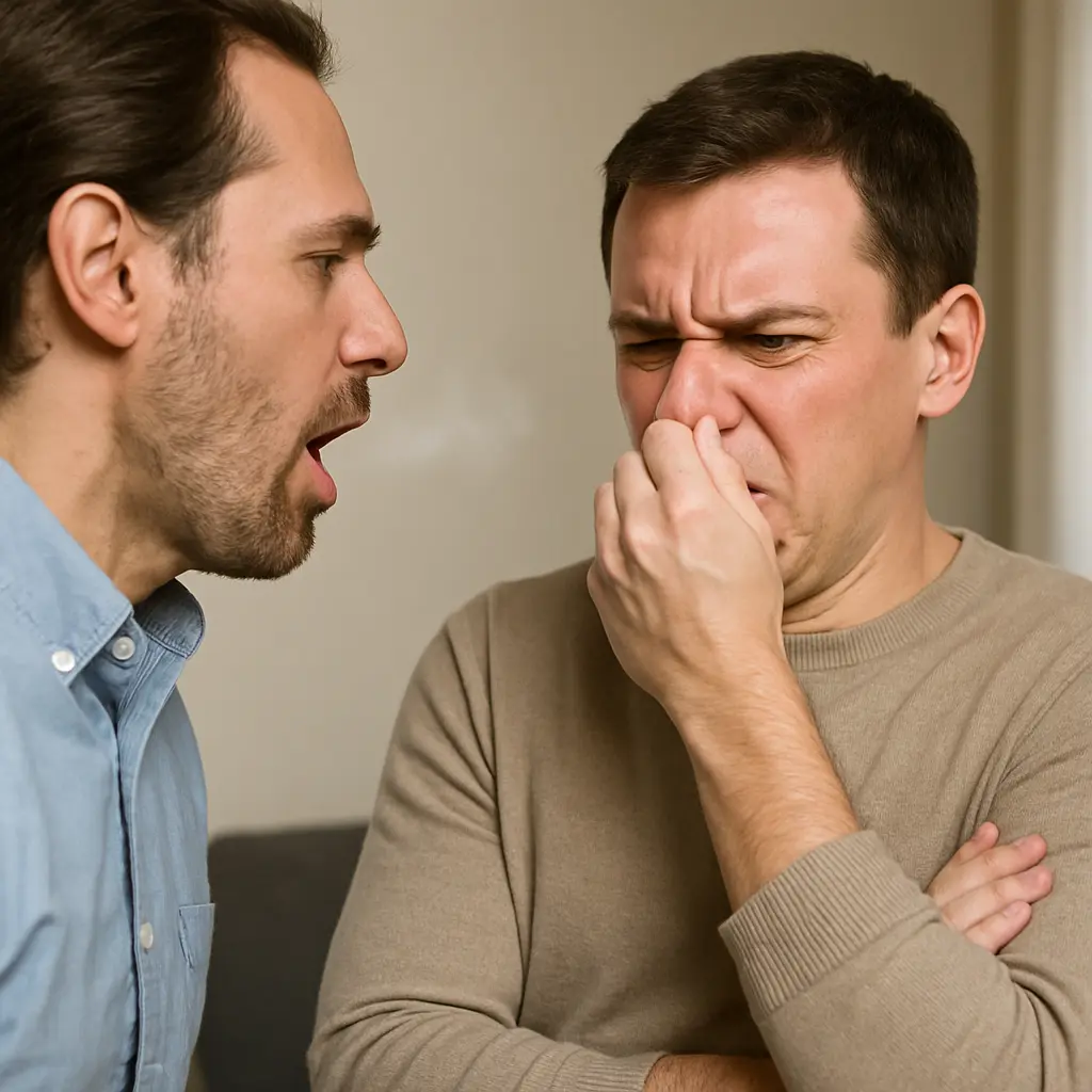 한 남성이 심한 구취를 내뿜자 다른 남성이 코를 막고 불쾌한 표정을 짓는 모습