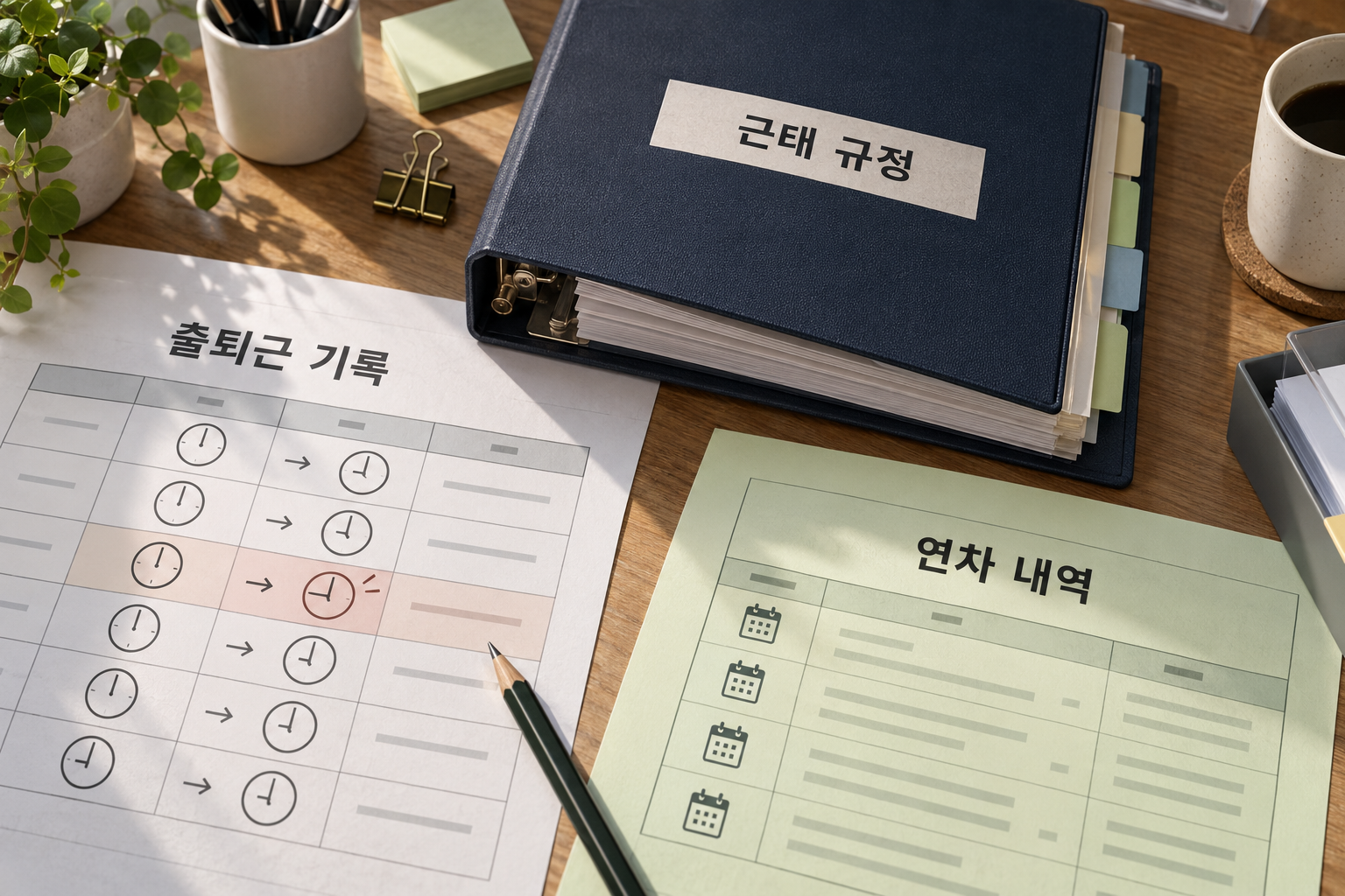 출퇴근 기록과 회사 근태 규정 바인더, 연차 내역을 함께 놓은 문서 장면