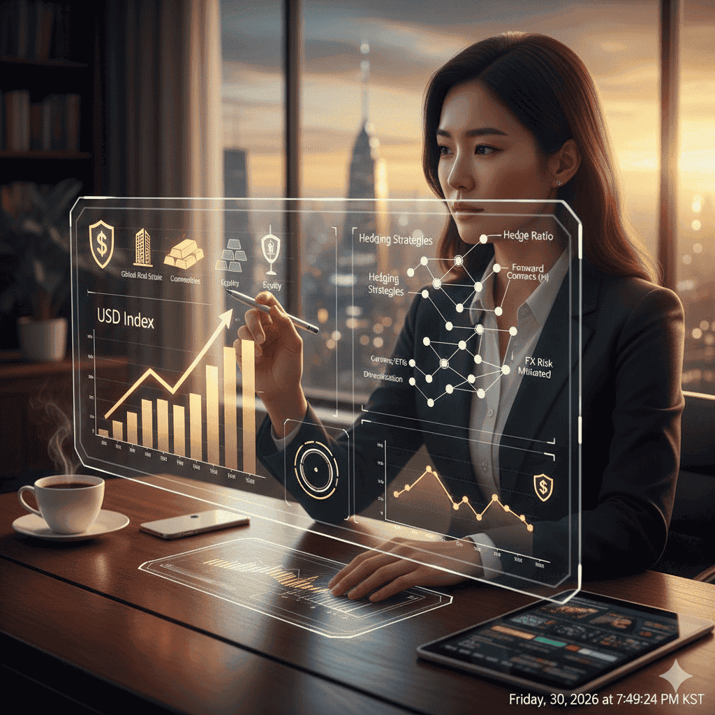 강달러 대비 환헤지 전략을 분석하는 금융 전문가와 데이터 인터페이스