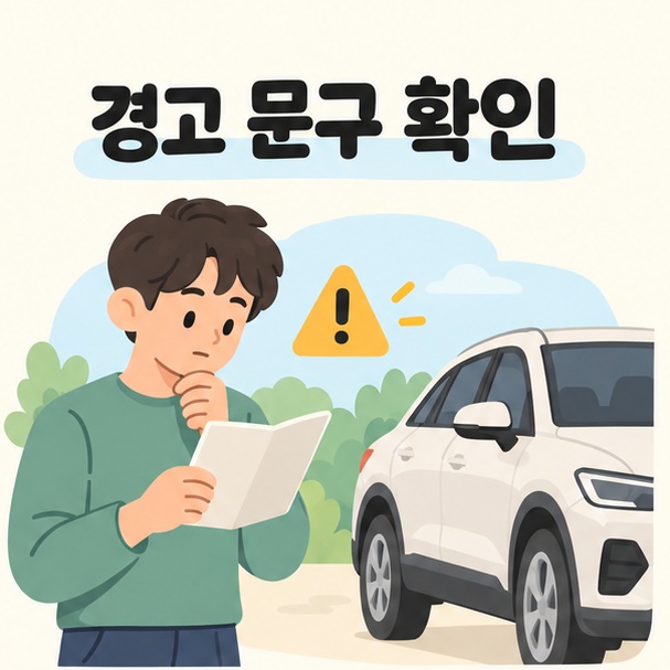 주차한 자동차 옆에서 경고 내용을 확인하는 운전자 일러스트