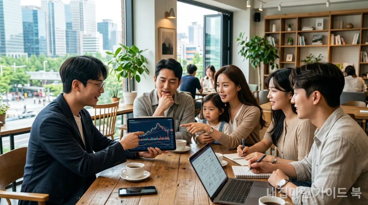 부동산 투자 심리를 보여주는 한국의 젊은 세대가 투자 정보를 공유하고 있는 모습