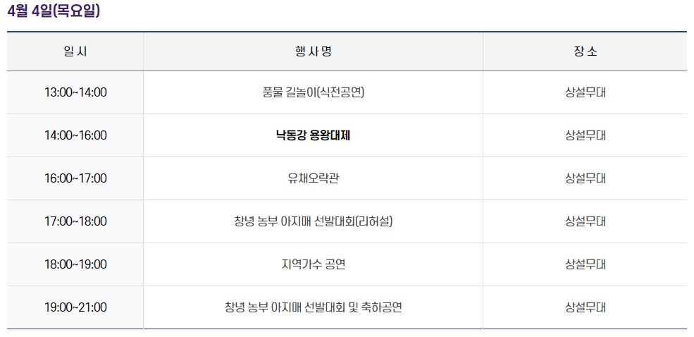 제 19회 '창녕낙동강유채축제' 행사소개, 축제안내, 관련영상