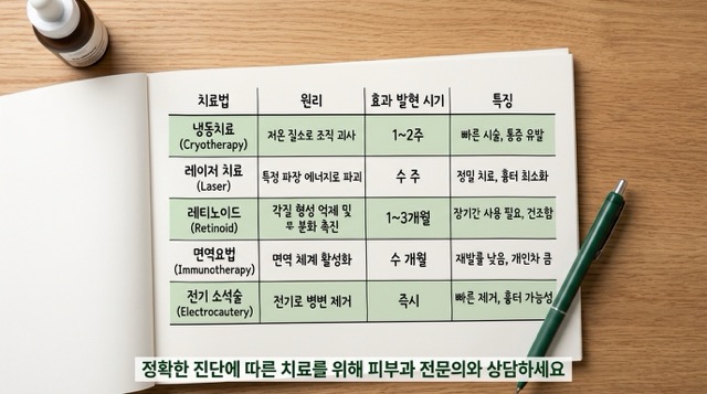 평편사마귀 냉동 레이저 레티노이드 면역 전기 치료법 비교 정리