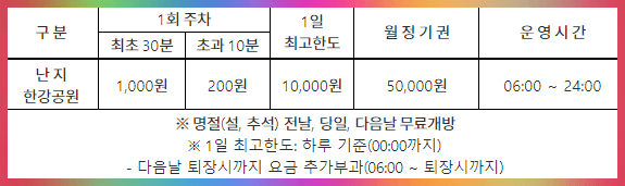 난지캠핑장 주차이용요금 가격표