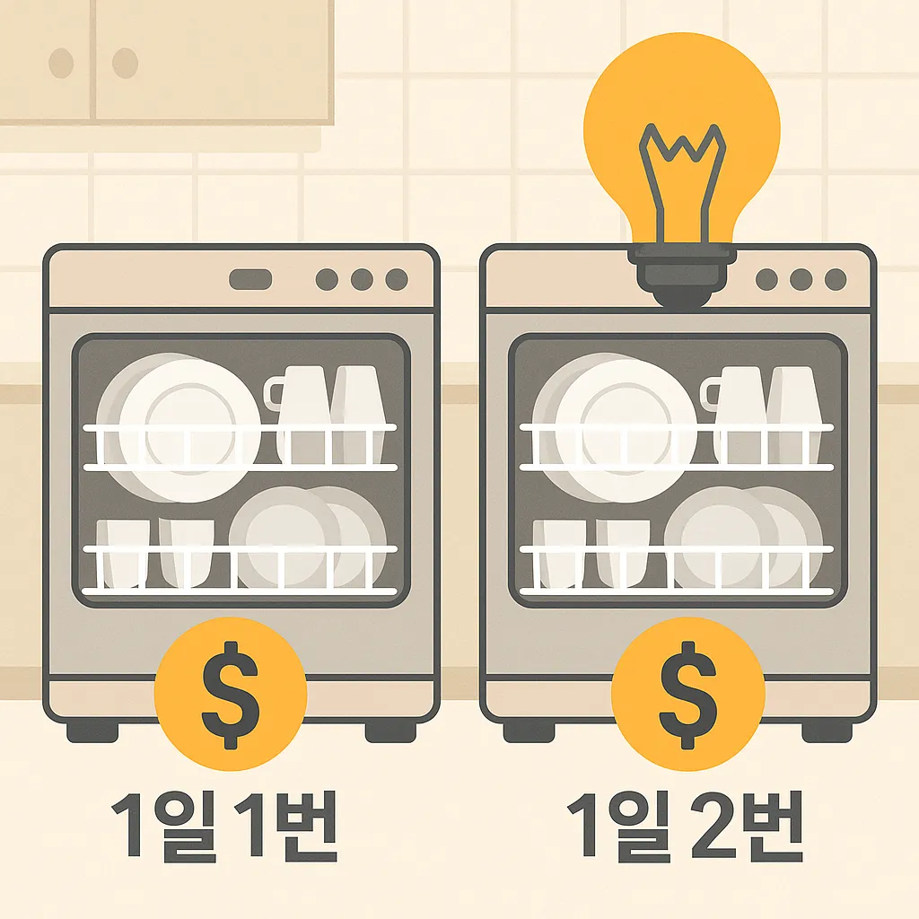 식기세척기를-하루-한-번과-두-번-사용할-때-전기료-차이를-상징적으로-표현한-일러스트-이미지로-식기세척기와-전기-사용량을-대조적으로-묘사