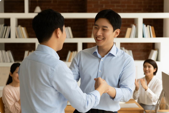 사무실에서 동료가 서로 손을 잡으며 웃는 모습, 인정과 격려의 순간