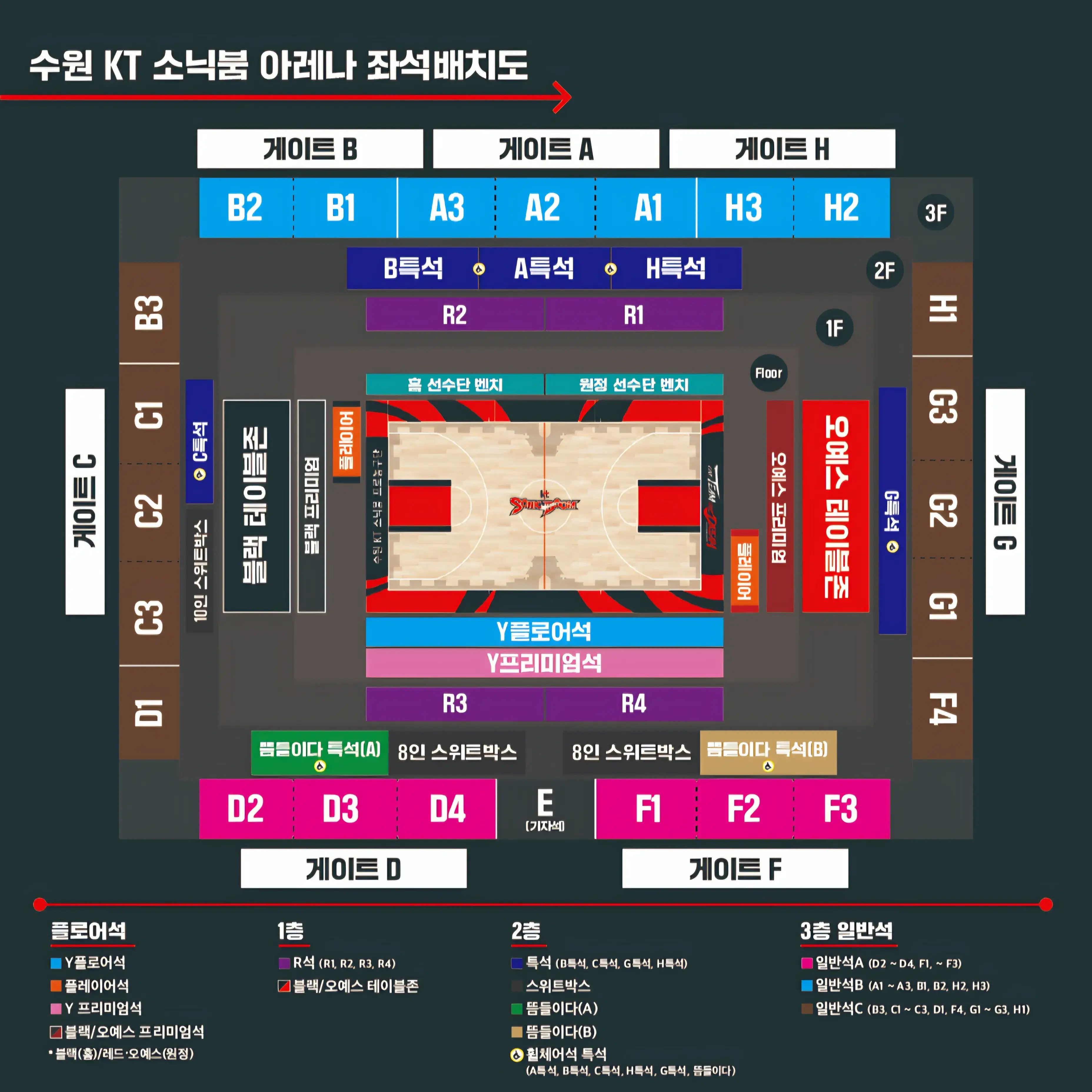수원KT소닉붐 2024-2025시즌 티켓 가격, 수원KT소닉아레나 좌석배치도, 할인 및 무료입장 안내