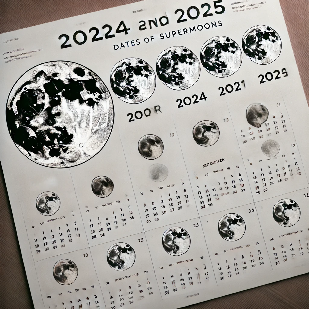 2024년과 2025년 슈퍼문 스케줄을 표시한 달력 이미지