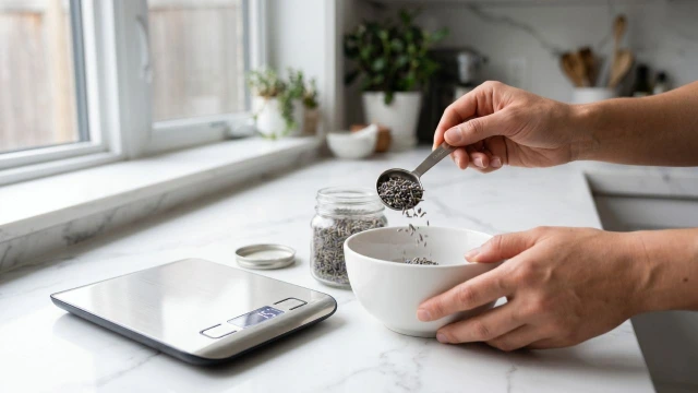 건조 라벤더 꽃봉오리를 티스푼으로 계량하고 손으로 비비는 모습