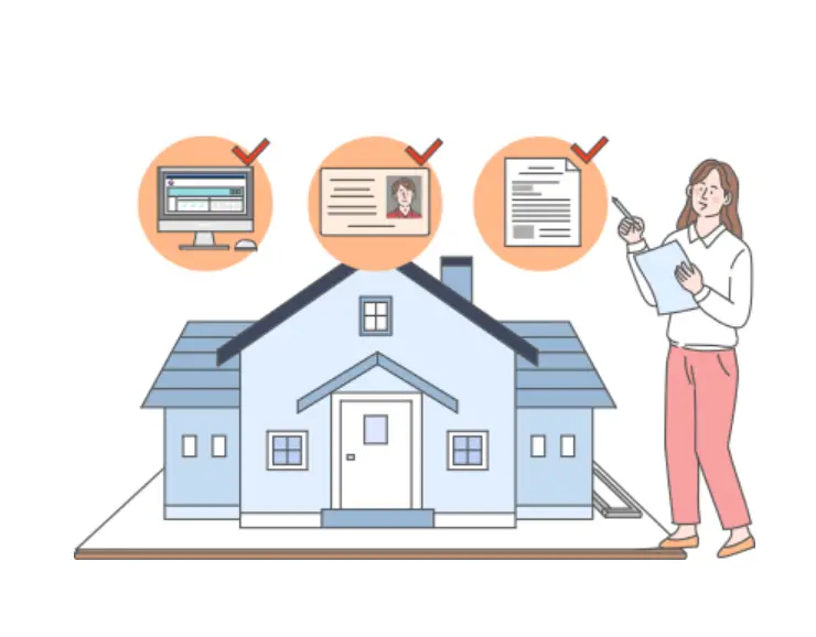 등기부등본-중앙 하단 파란색 집 지붕 위 좌측 오렌지색 동그라미 안 컴퓨터 우측옆 오렌지색동그라미안 신분증 우측 옆 오렌지색 동그라미안 서류 우측끝 흰색셔츠 분홍색 바지를 입고 서있는 여자 일러스트 이미지