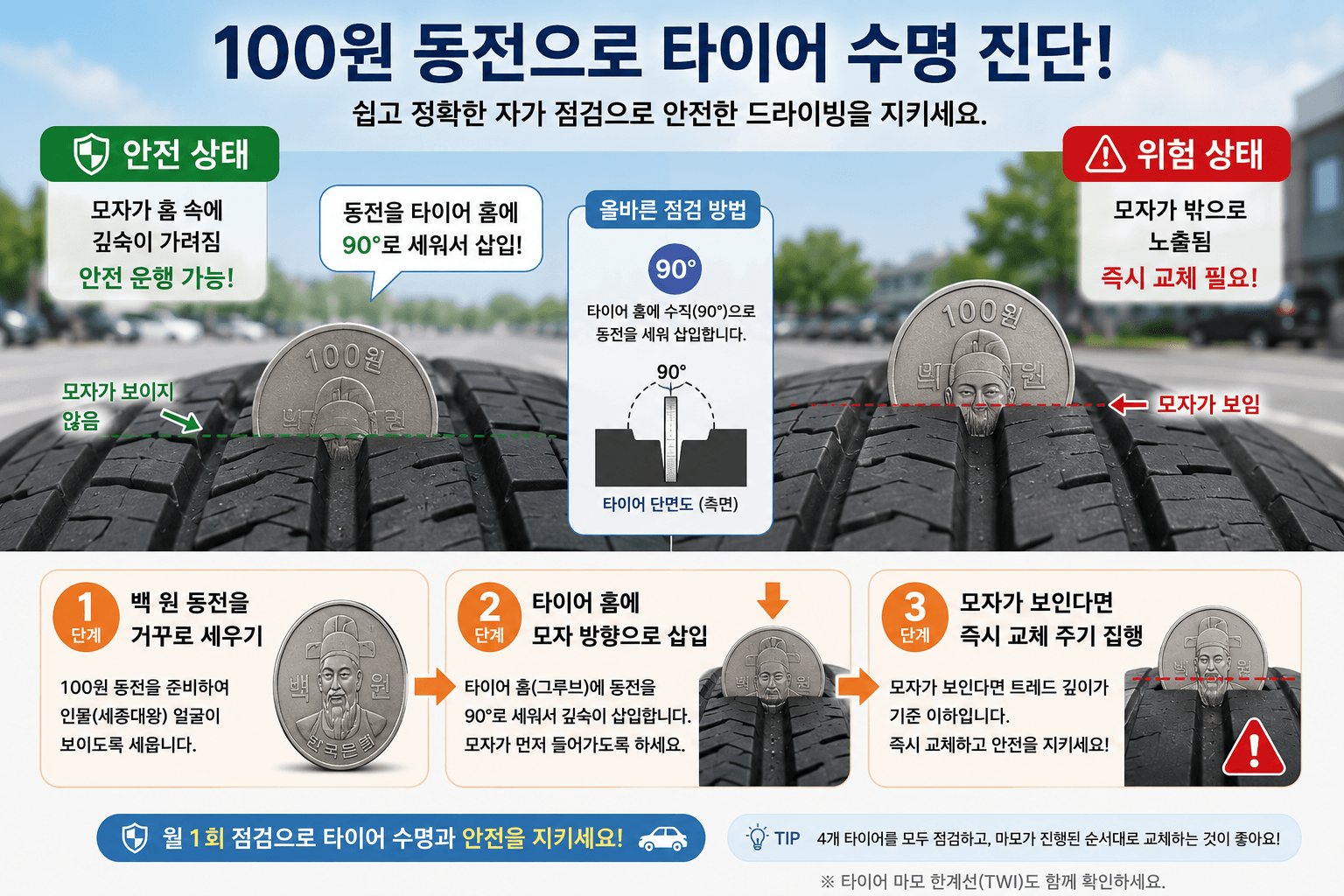 동전으로 타이어 마모 진단하는 모습