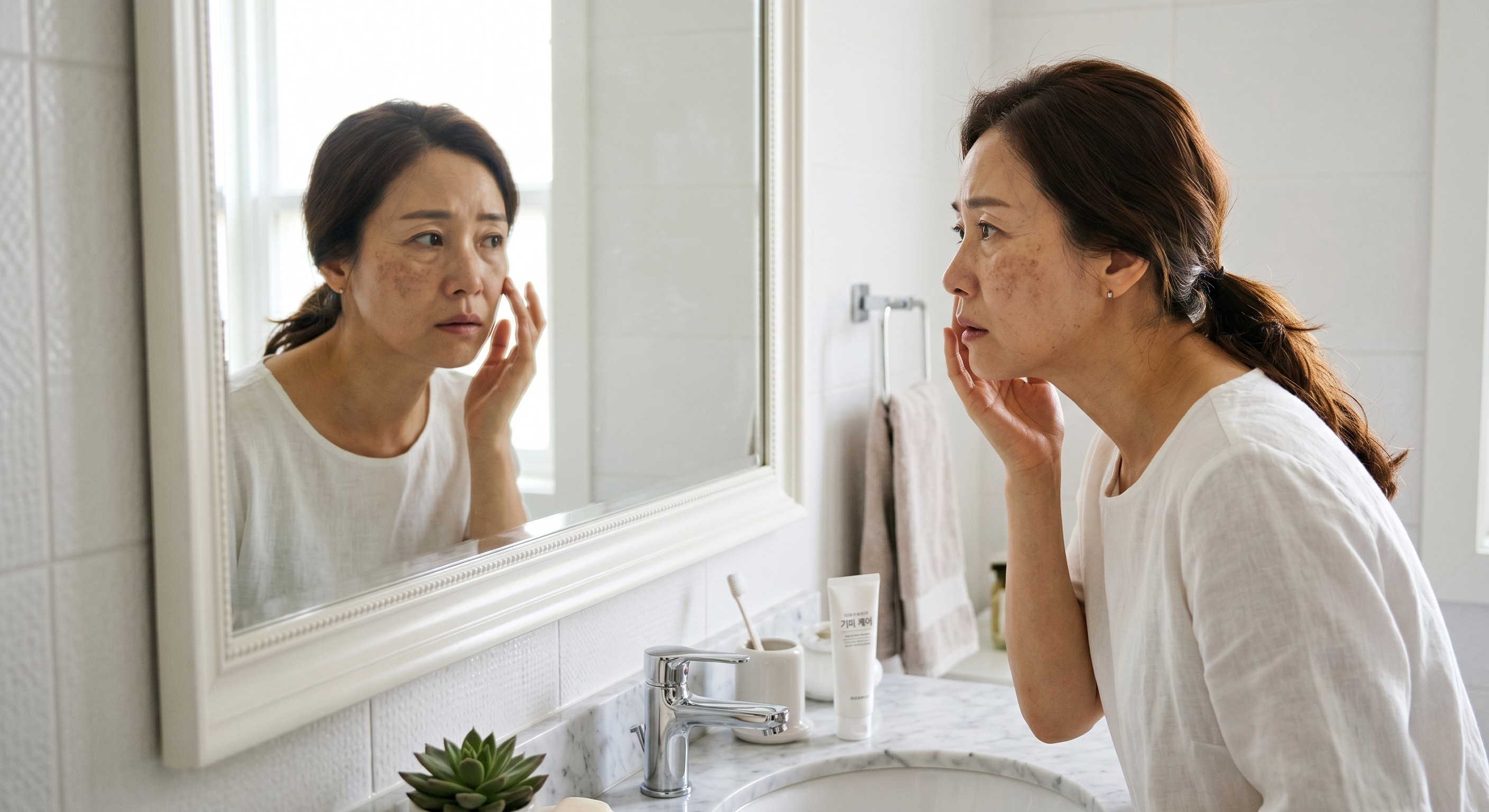거울 속에는 피부 노화와 기미로 인해 고민하는 여성의 얼굴이 그대로 반사되어 나타납니다.