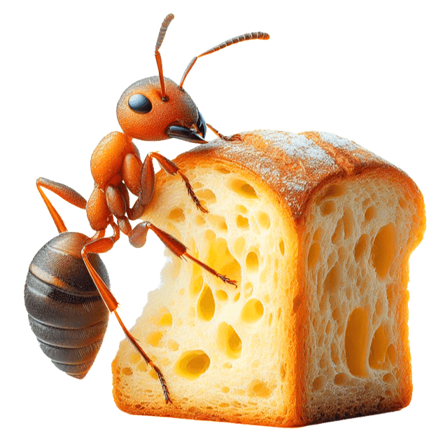 네모난 빵덩이 옆에 개미 한 마리가 서서 빵을 먹고 있다.