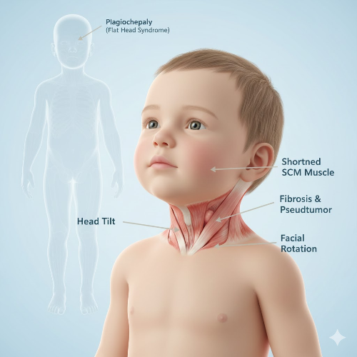 물리치료사가 신생아 사경 아기의 흉쇄유돌근을 부드럽게 이완하는 모습과 아기를 지켜보는 엄마. 전문가의 손길로 사경 아기의 목 근육을 치료하는 장면