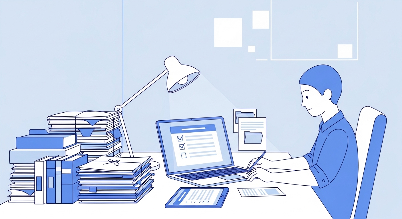 사회보장급여 확인조사를 위해 서류와 디지털 자료를 꼼꼼히 정리하는 사람.