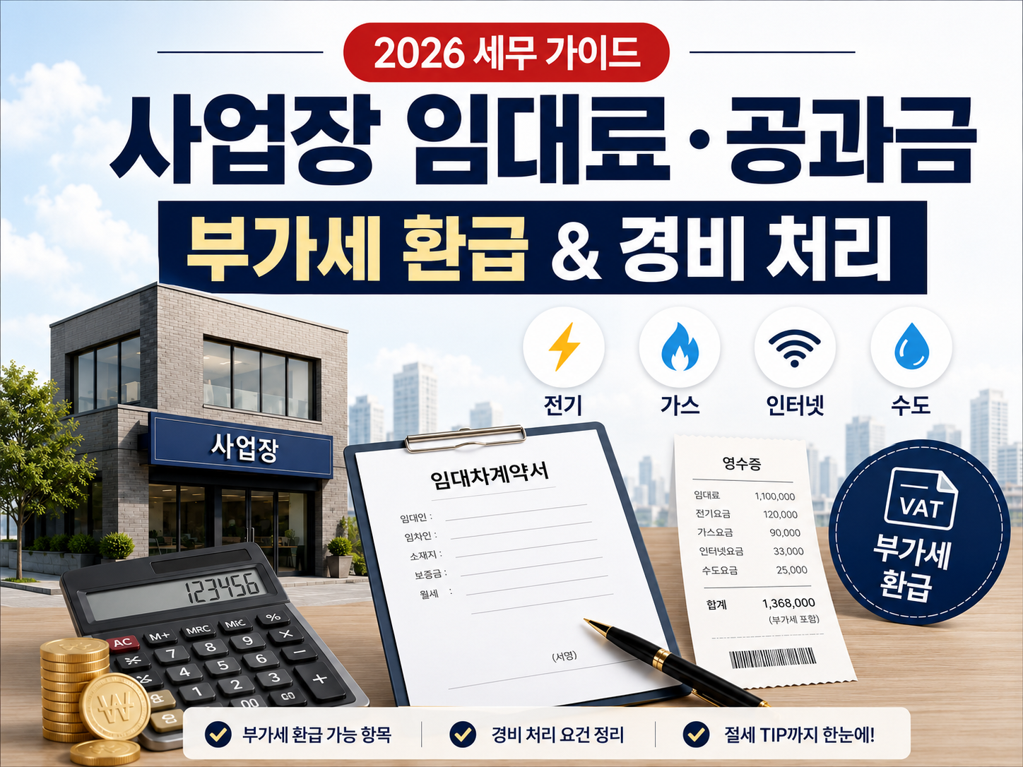 사업장 임대료와 전기, 가스, 인터넷, 수도 공과금의 부가세 환급 및 경비 처리 기준을 설명하는 세무 가이드 썸네일