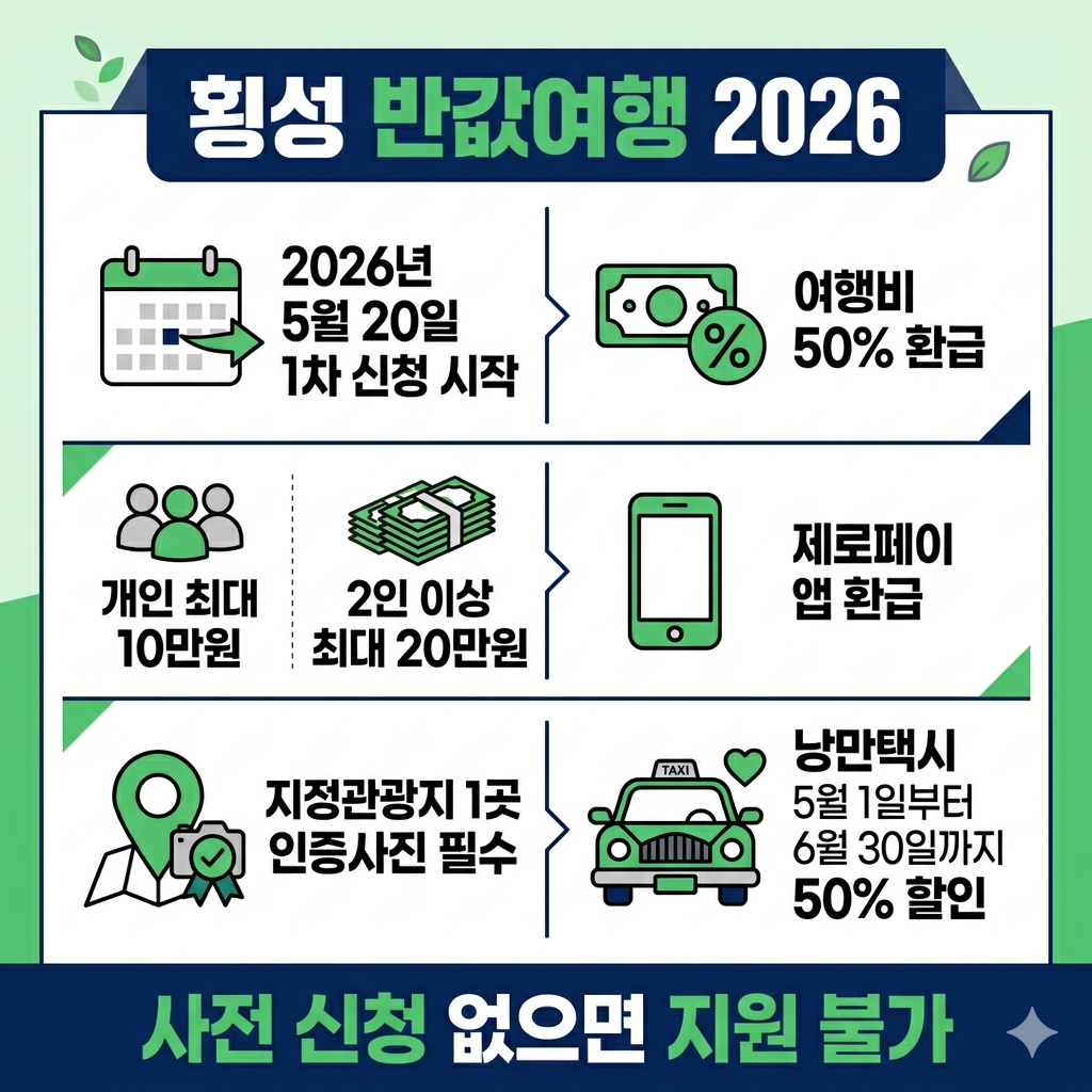 횡성 반값여행 2026 신청방법 여행비 50% 환급&middot;낭만택시 반값 할인 인포그래픽