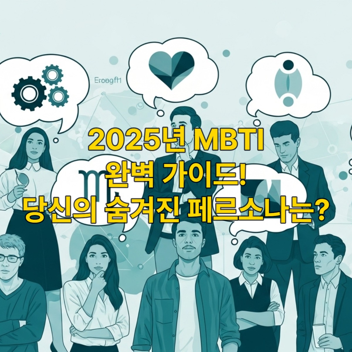 다양한 MBTI 유형의 사람들이 각자의 생각 속에서 2025년 최신 MBTI 트렌드를 탐색하는 모습