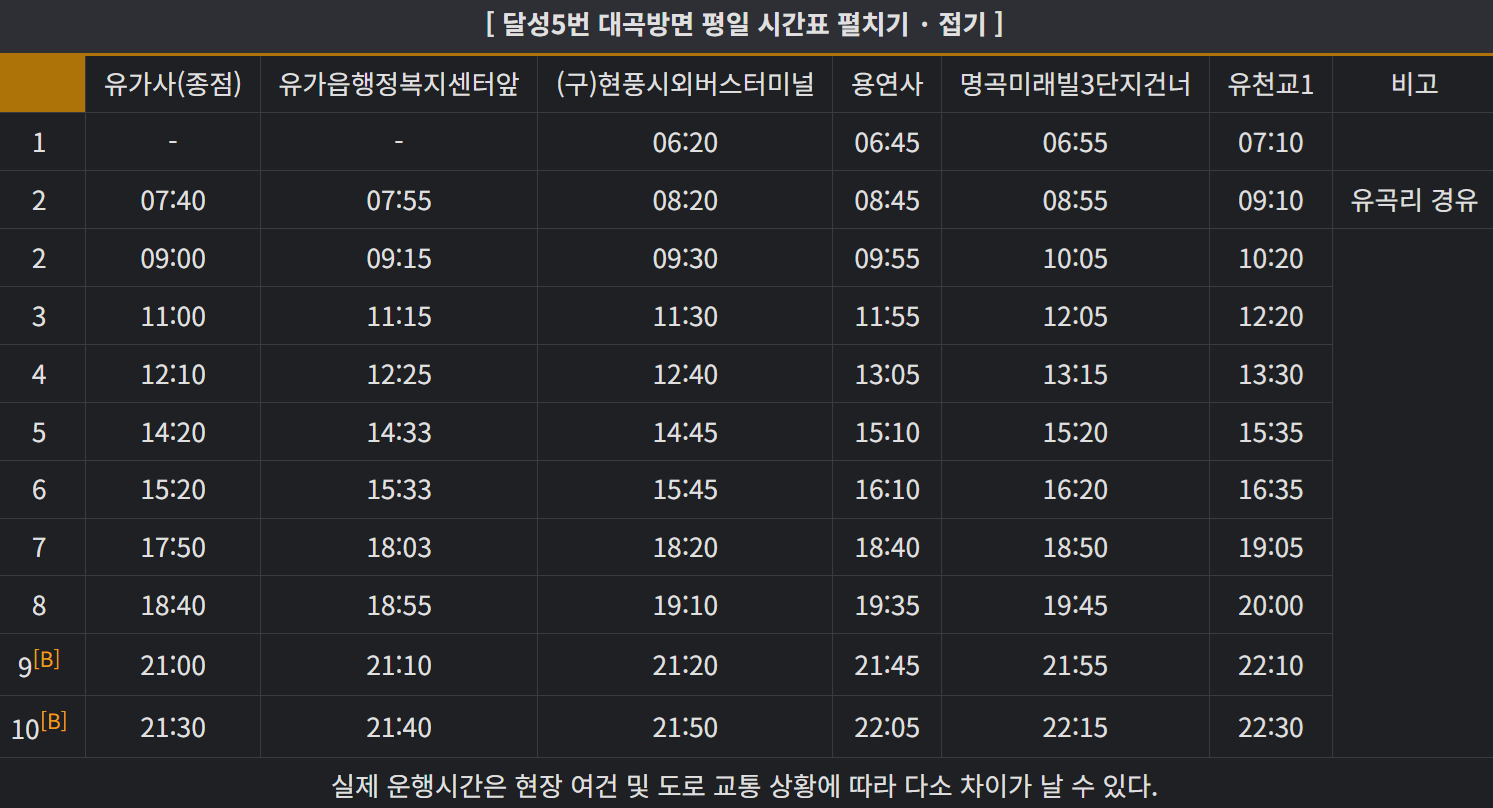 달성 5번 버스 평일 대곡행