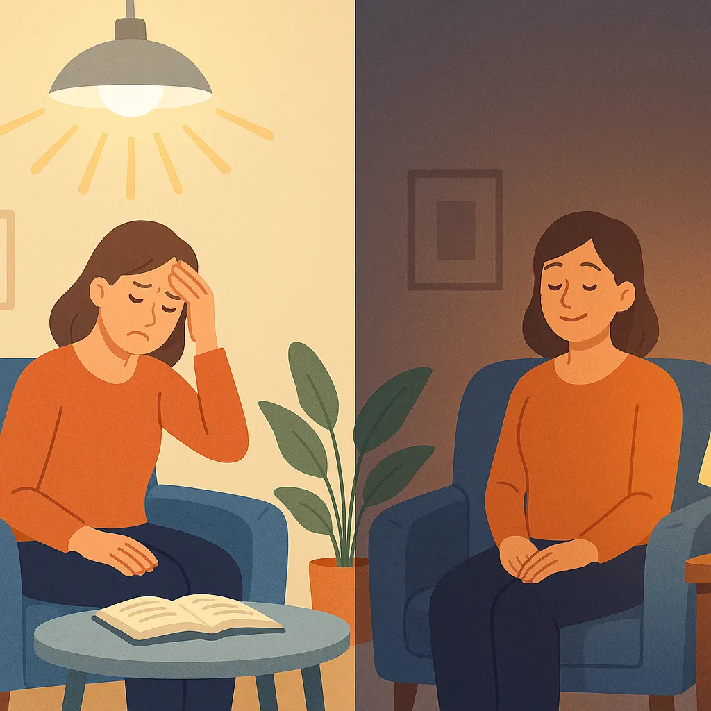 밝은-조명-아래에서는-피로하고-불편해-보이던-여성이-은은한-조명-아래에서-편안하게-안정된-표정으로-앉아있는-모습을-통해-조명의-심리적-영향을-표현한-일러스트