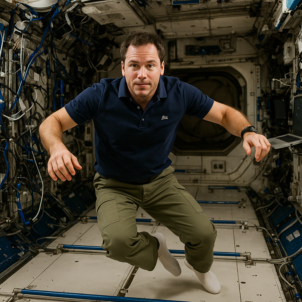 국제우주정거장에서 무중력 상태로 떠 있는 우주비행사의 모습