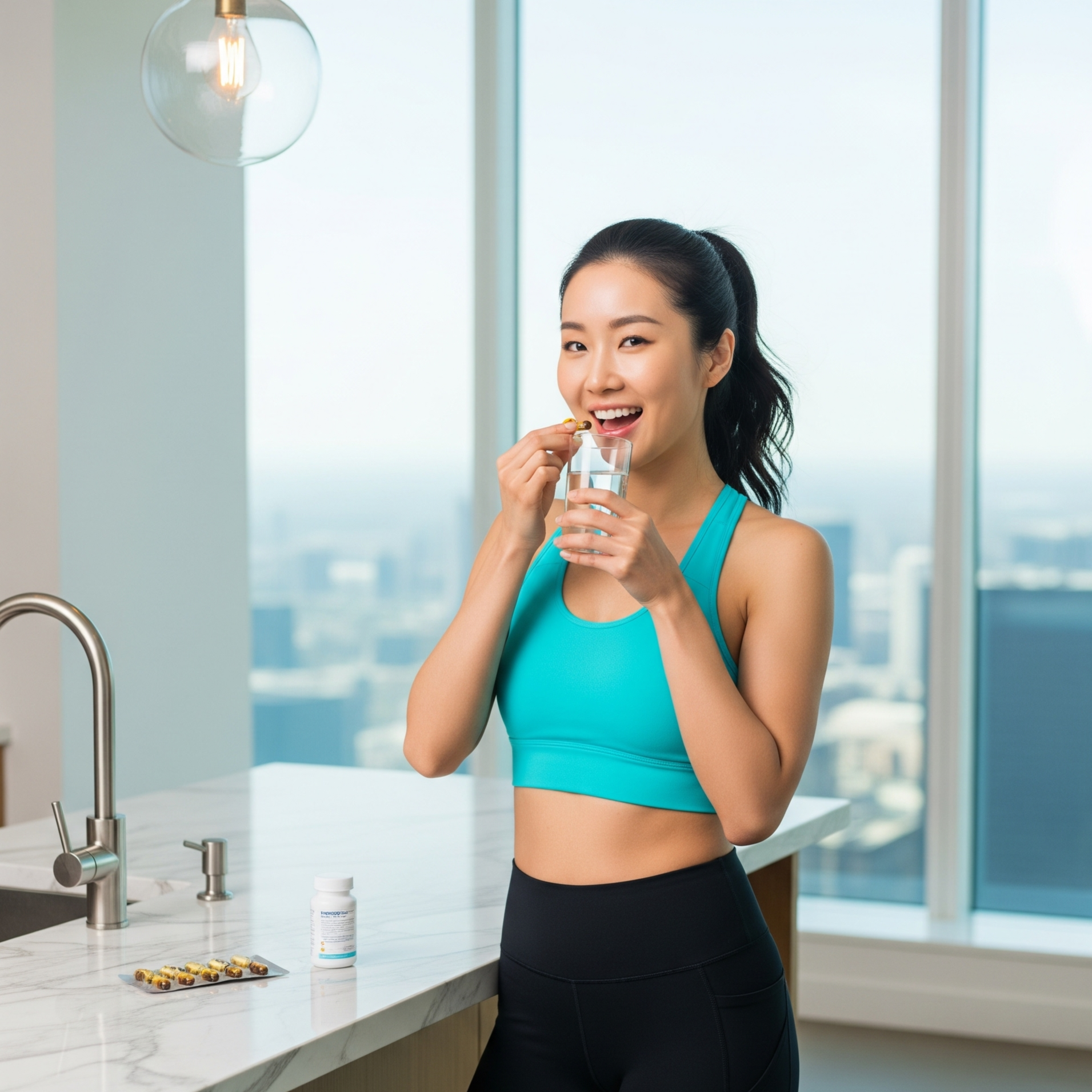 다이어트에 도움되는 영양제를 먹고 있는 한국인 여성