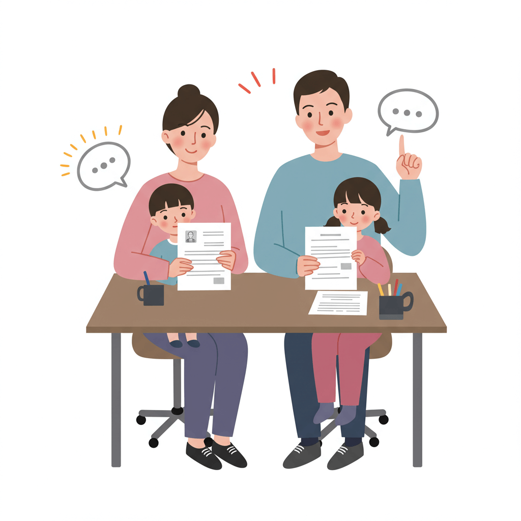 책상에 앉아 자녀장려금 신청 자격 서류를 확인하는 부모와 아이들 남자아이는 엄마의 무릎에 여자 아이는 아빠의 무릎에 앉아서 서류를 보고 있다 