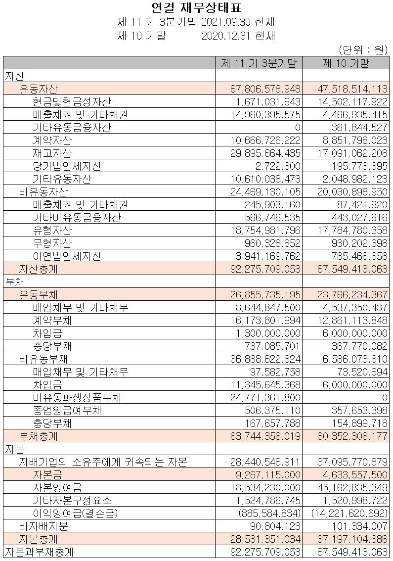 티에스아이 2021년 3분기 재무상태표