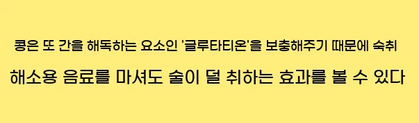  콩은 또 간을 해독하는 요소인 '글루타티온'을 보충해주기 때문에 숙취 해소용 음료를 마셔도 술이 덜 취하는 효과를 볼 수 있다