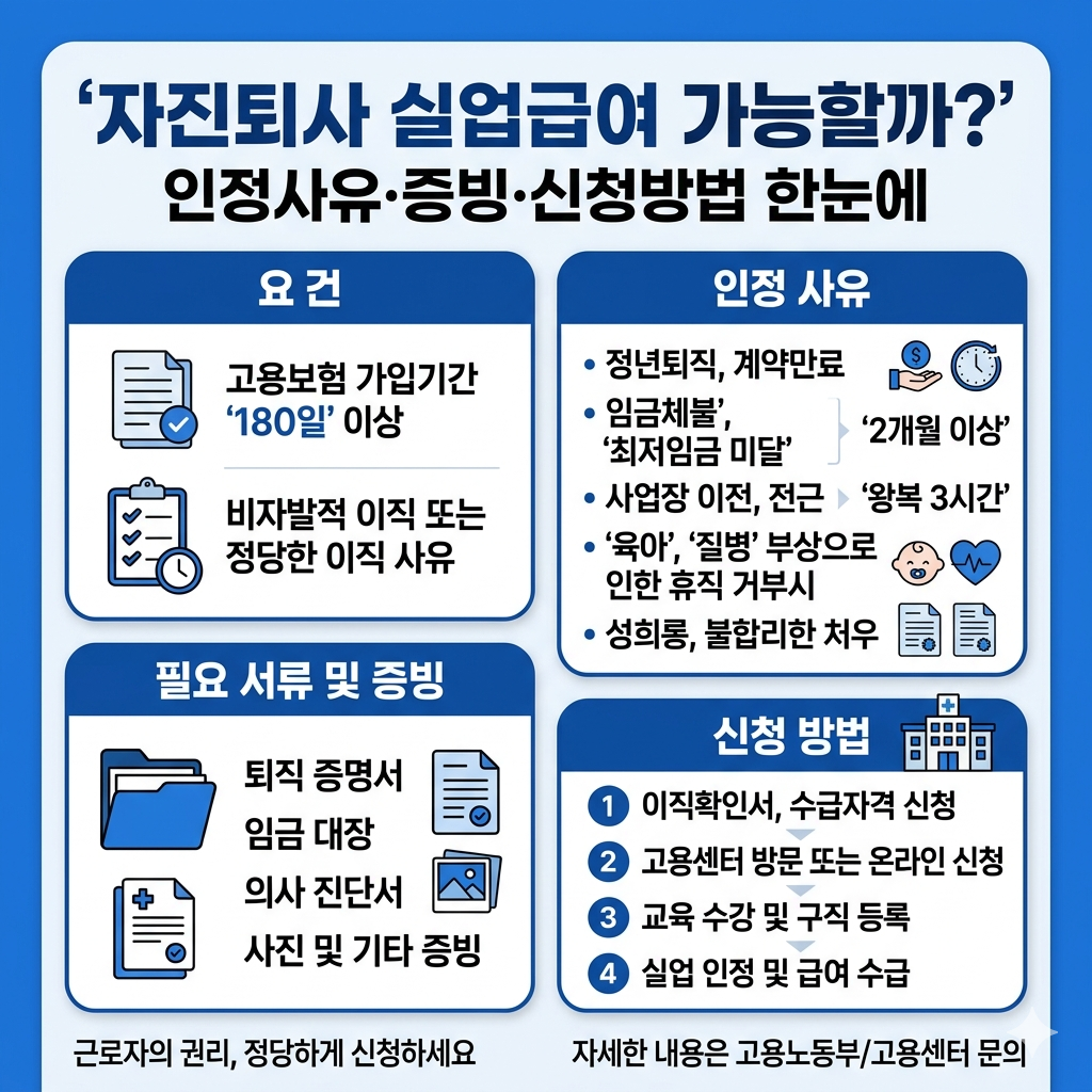 자진퇴사 실업급여 인정사유&middot;신청방법&middot;증빙서류 인포그래픽