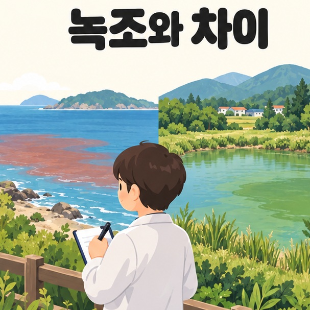 해안과 녹색빛의 담수 연못 사이에서 메모하는 조사자 일러스트