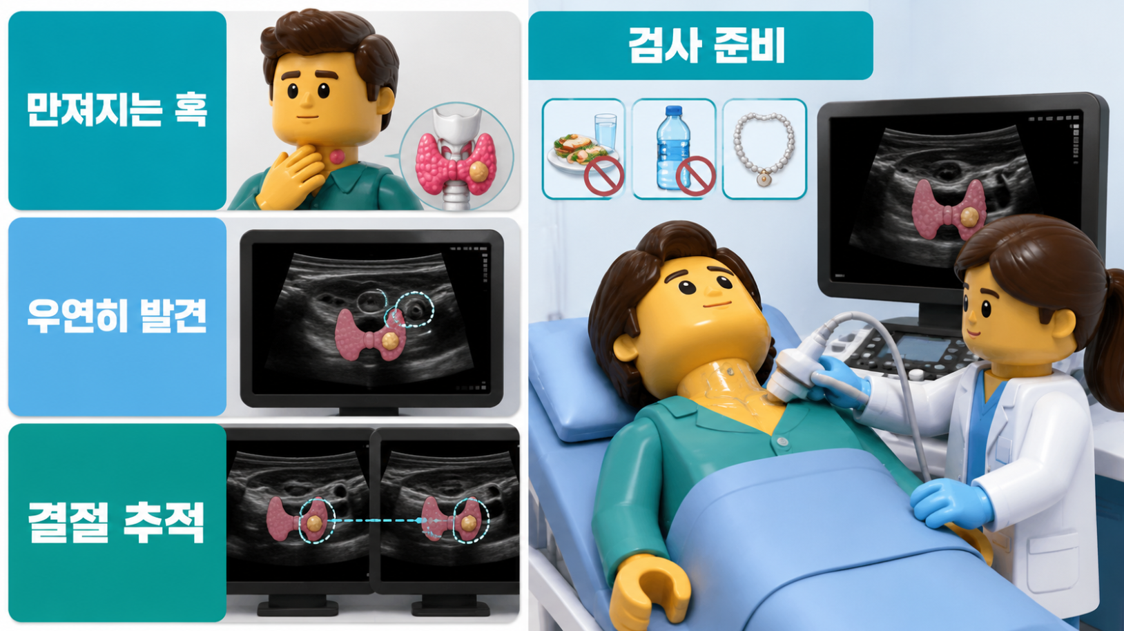 목에서 만져지는 혹과 우연히 발견된 결절, 추적검사 및 갑상선초음파 준비 장면