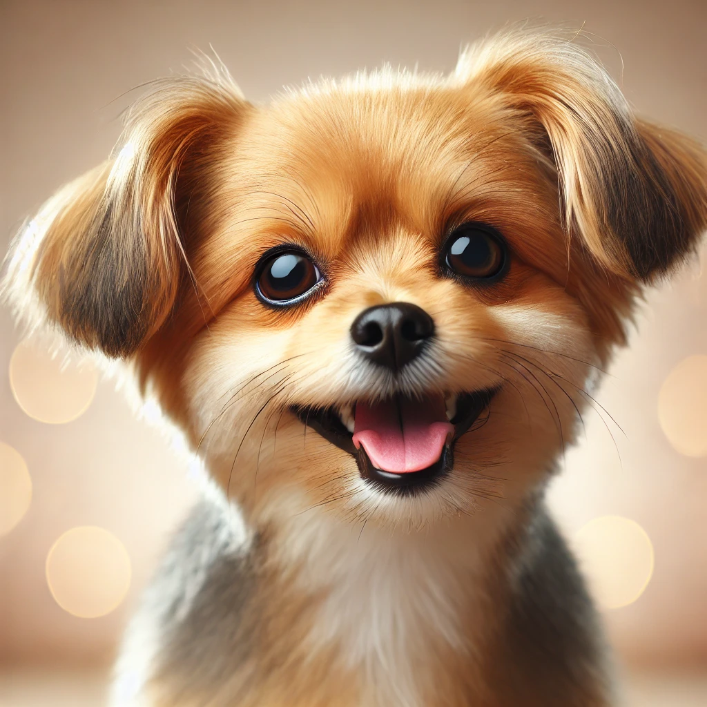 행복한 소형견이 카메라를 바라보며 웃고 있는 모습