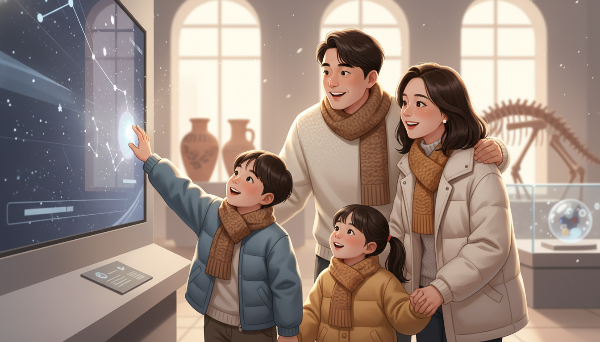 따뜻한 겨울 박물관에서 인터랙티브 전시를 즐겁게 체험하는 한국인 가족의 모습. 아이들이 호기심 가득한 표정으로 전시물을 바라보고 있습니다.