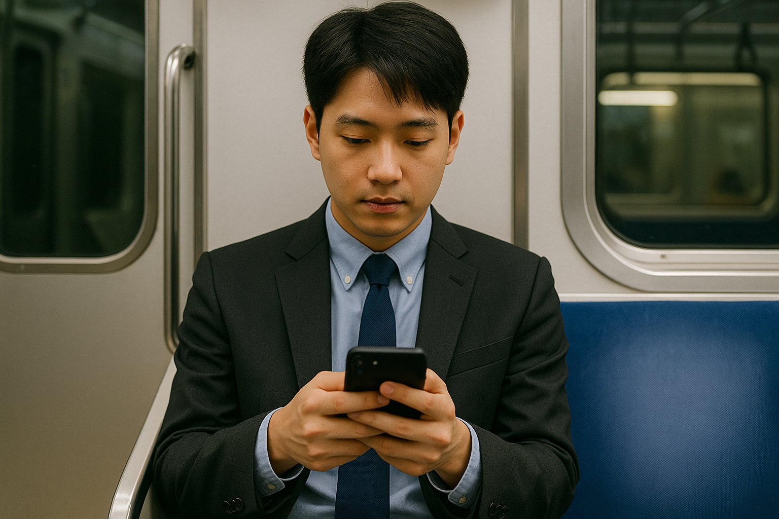 출근길 지하철 안에서 스마트폰을 보는 사회 초년생 남성