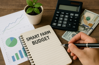 스마트팜 예산 계획을 위해 그래프 자료, 계산기, 화분, 달러 지폐와 함께 노트를 작성하는 모습