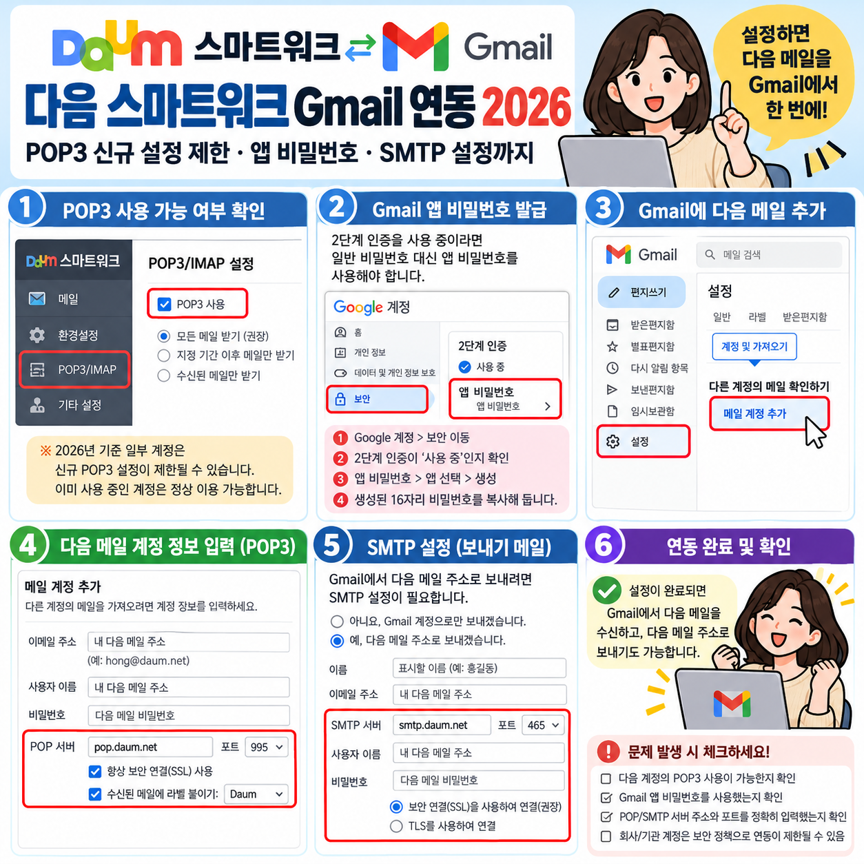 다음 스마트워크 Gmail 연동 2026|POP3 신규 설정 제한·앱 비밀번호·SMTP 설정까지
