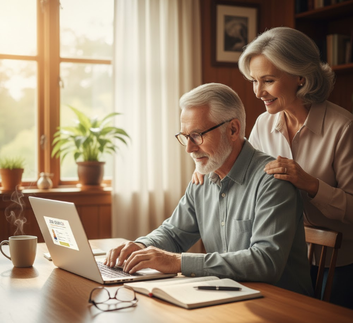 은퇴한 노부부가 새로운 직업을 인터넷을 같이 보며 찾고 있다.
