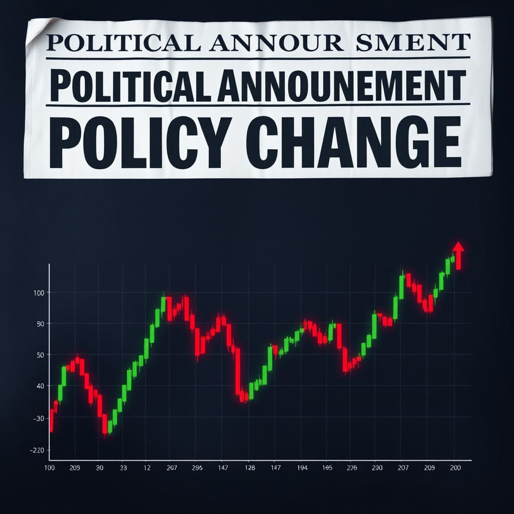 신문 기사 헤드라인(예: '정치적 발표', '정책 변화')과 상승 또는 하락하는 주식 차트 그래프가 겹쳐져 있거나 옆에 나란히 배치된 모습을 시각화합니다. 긴장감 있는 분위기를 위해 다소 어두운 배경이나 강렬한 색상 대비를 사용할 수 있습니다. 뉴스 기사와 주식 차트 모두 중요한 요소로 보이도록 균형 있게 배치합니다.