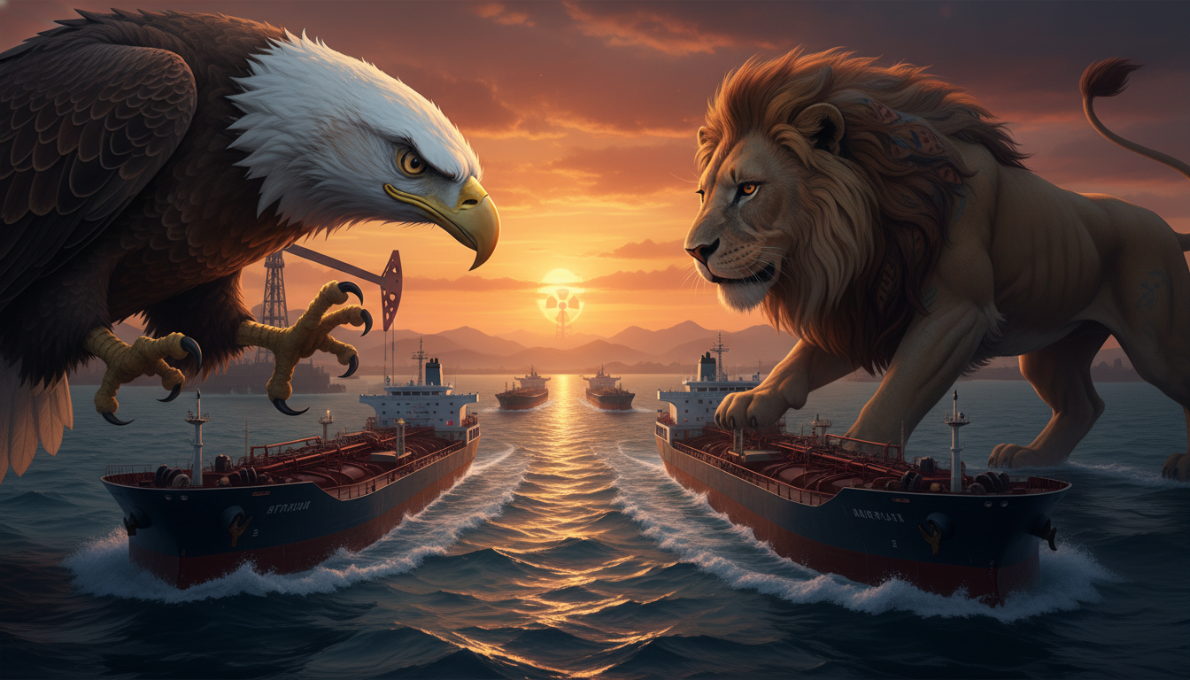 미국과 이란의 긴장이 고조되고 호르무즈 해협을 지나는 유조선이 위태롭게 보이는 상황을 묘사한 이미지. 유가 변동성 위험을 상징.