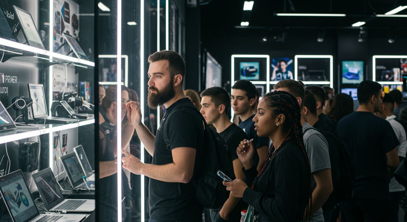 가전제품 구경하는 사람들 사진