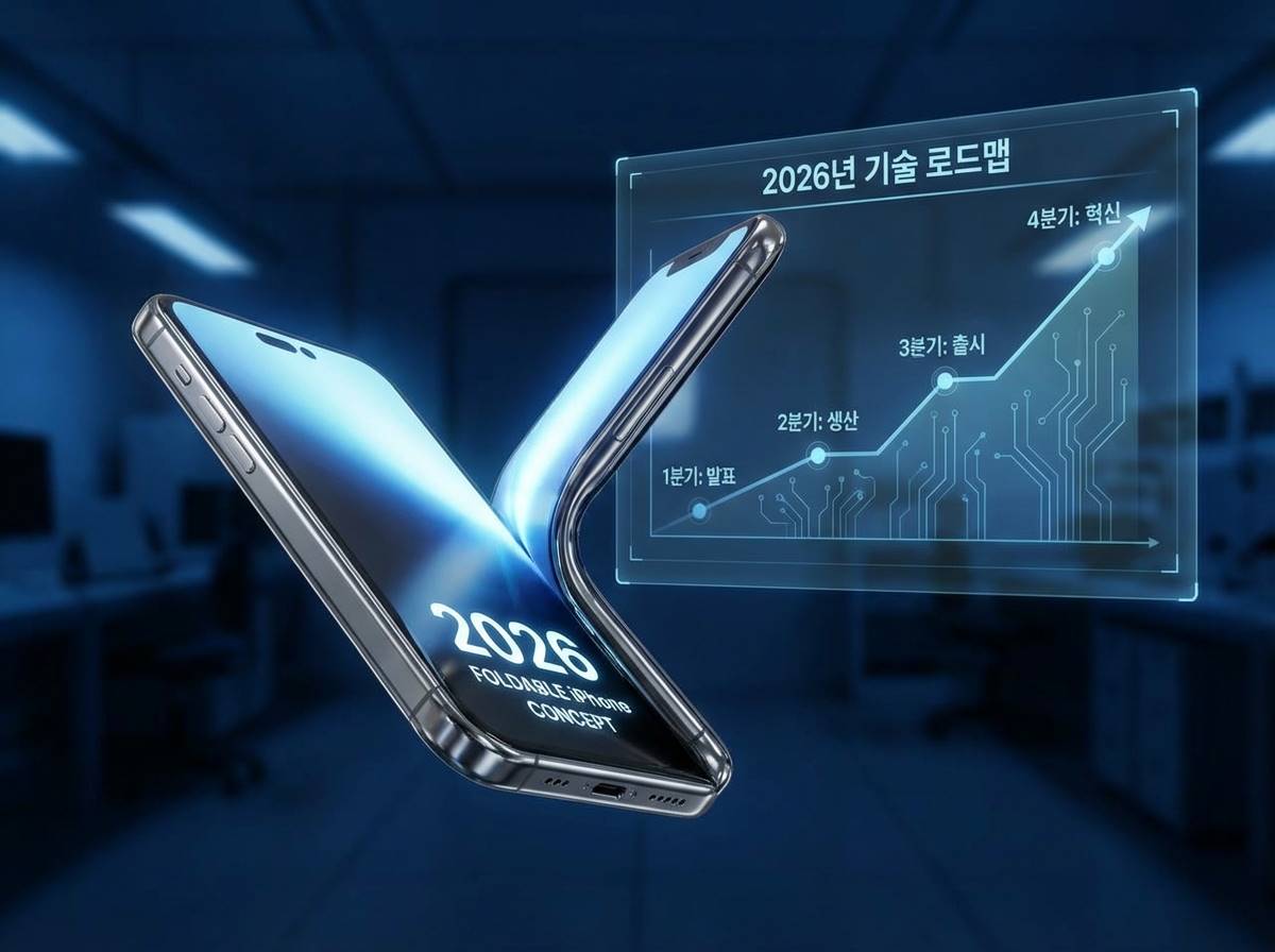 세련된 디자인의 폴더블 아이폰이 반쯤 접힌 채로 공중에 떠 있으며 그 뒤로 2026년 출시 로드맵 그래프가 겹쳐진 모습