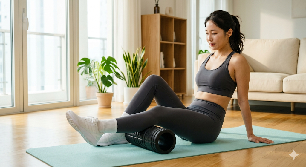 폼롤러를 이용해 종아리를 풀어주는 스트레칭 동작