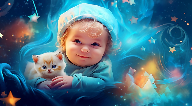 고양이를 안고있는 아기 이미지